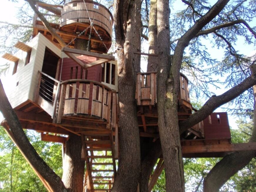 这是一个真正的树屋，有电梯，百叶窗，甚至还有瞭望台!
