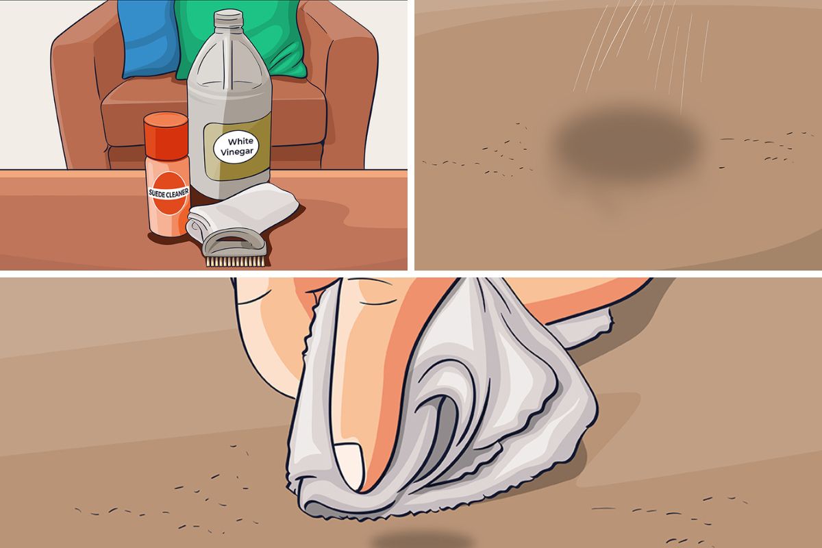 关于如何清洁麂皮沙发的拼贴插图。