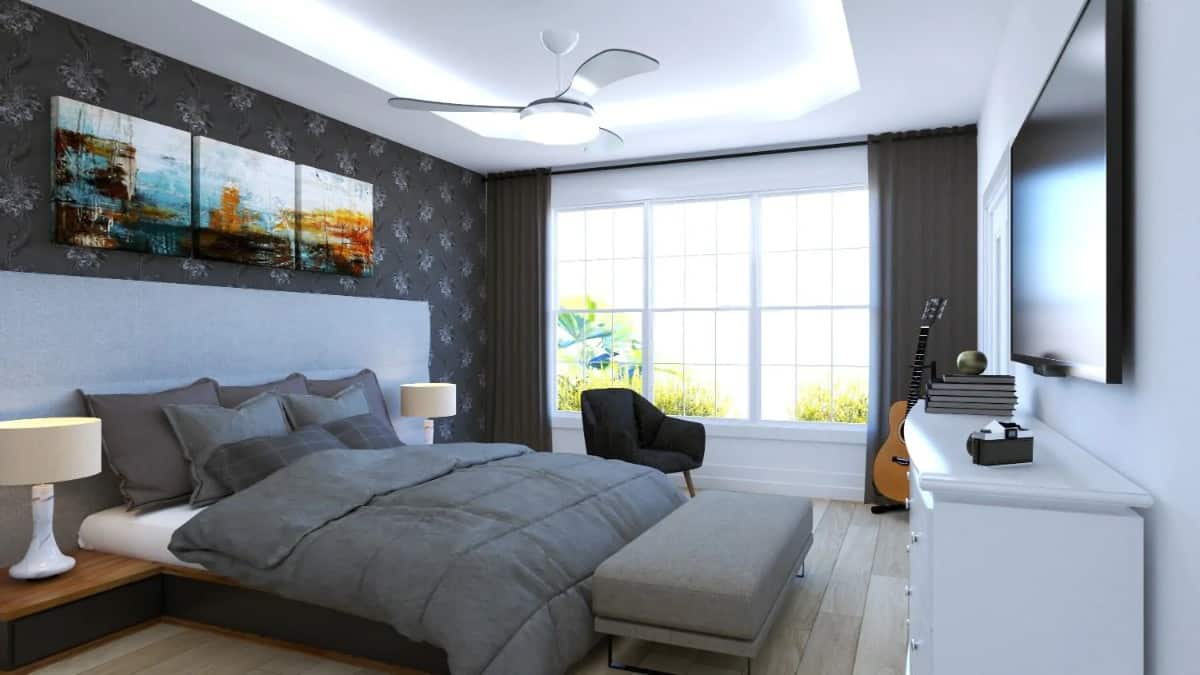 主卧室配有定制的木床和内置床头柜。