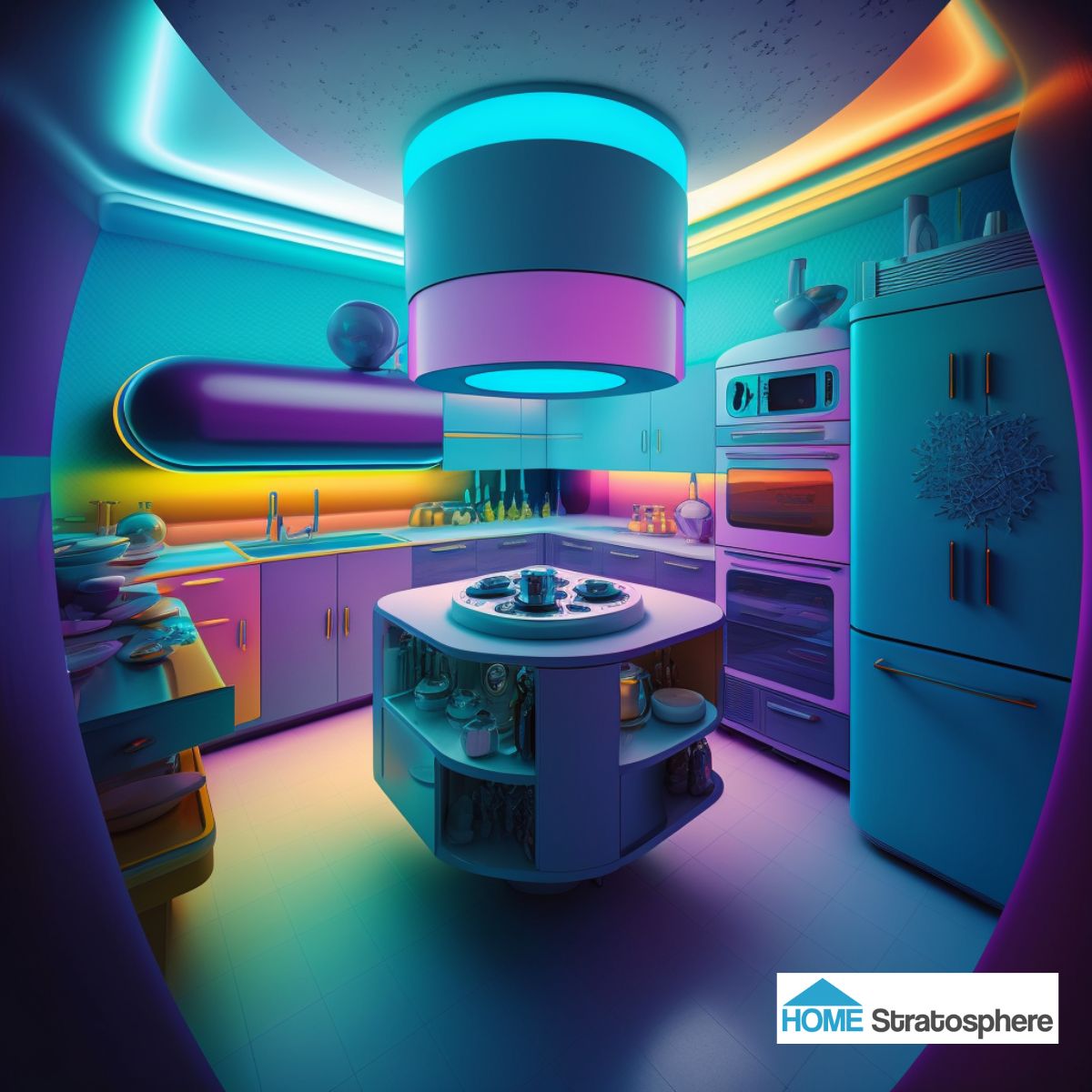 混合了过去几个概念的最佳方面，这个厨房主要是蓝色的，在柜台和后墙周围有引人注目的彩虹色。甚至连布局都为人工智能做得很好，包括橱柜空间等必需品，以及带有顶灯的环形岛等受欢迎的额外设施。
