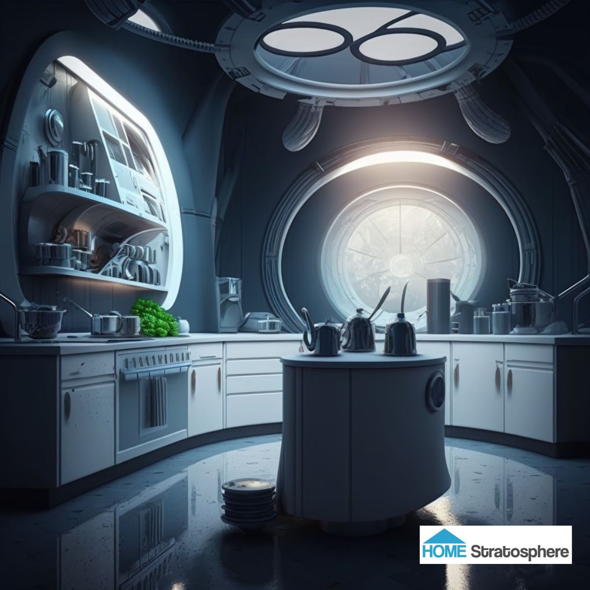 一个长长的圆形厨房柜台朝上望去，窗户与科幻电影中邪恶的星际战斗机的标志性屏幕的开口没有太大区别。抛光的白色和灰色有一种精致的外观，保证从众多的厨房小工具中获得最大的准确性。