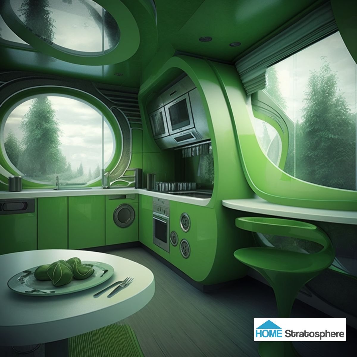从厨房抛光的蕨类绿色内部到窗户里的树木，让观众在时间中来回穿梭。厨房的布局很实用，但面积不大，窗前的座位区充分利用了外面的宁静。