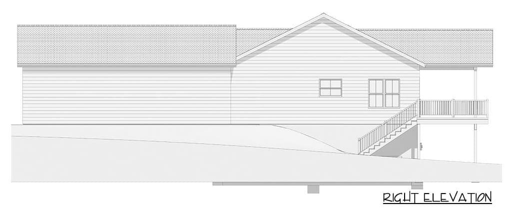 当代风格的单层三卧室牧场的右立面草图。