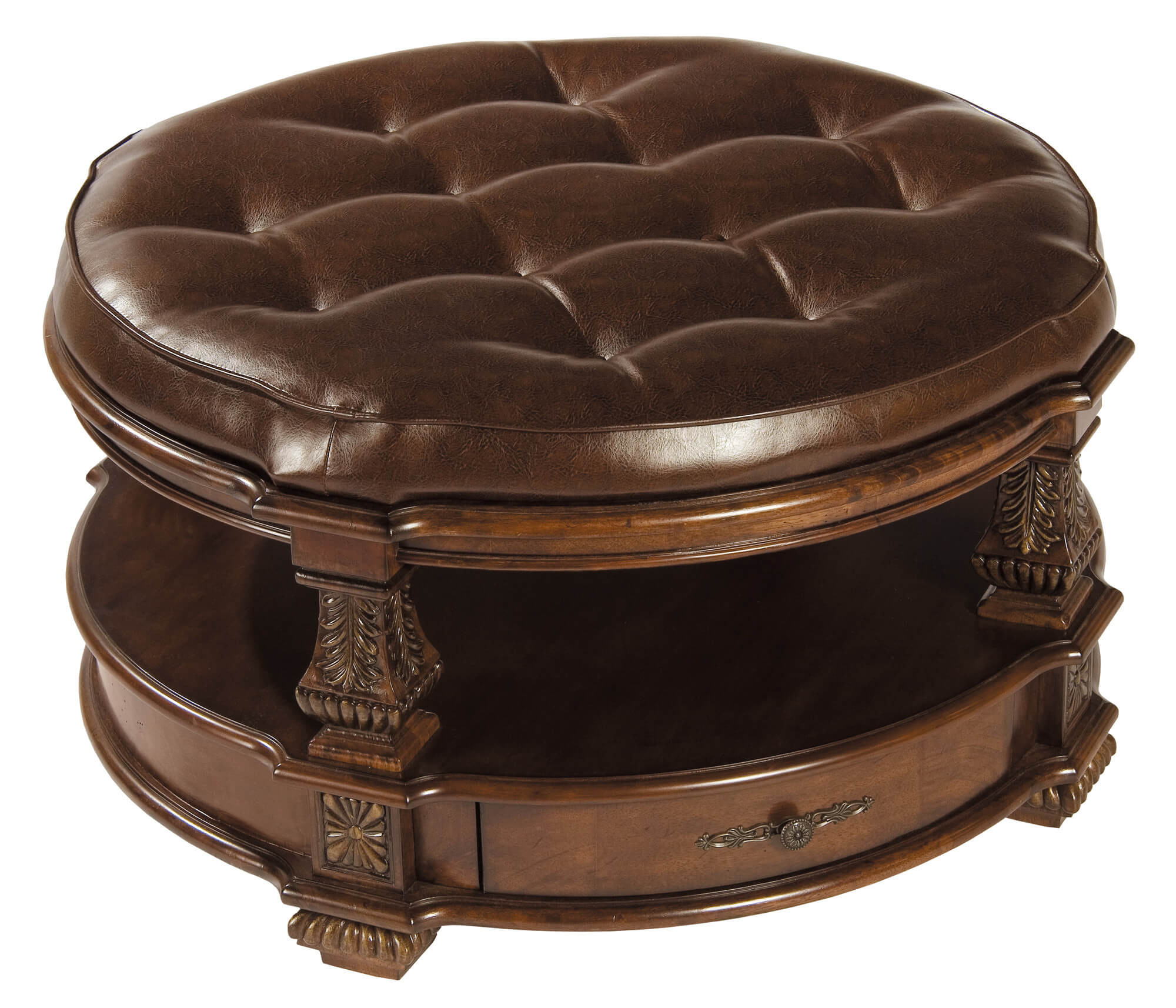 这款来自Stein World的圆形脚垫凳以精细的木雕框架为特色，带有抽屉存储，顶部有扣顶粘合皮革靠垫。