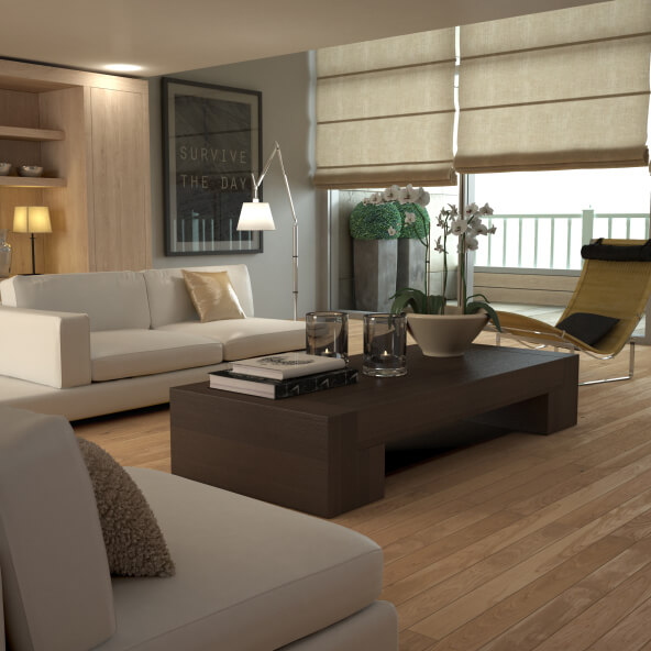 这间客厅充满了现代极简主义风格，低挂的深色木咖啡桌围绕着一个空间，里面摆满了浅米色的部分家具和黄色的金属边框躺椅。部分遮阳的落地窗将自然光投在浅色硬木地板上。