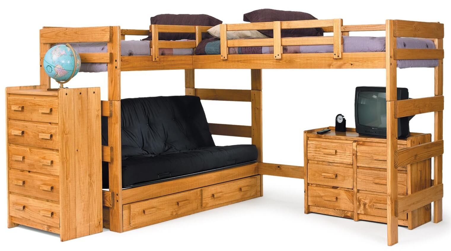 这里有一个相邻的l型双层床设计的例子，两张床都像高架床一样被抬高，下面提供了更多的空间……在这种情况下，一个小沙发/蒲团(更多的睡眠选择)和一个完整的梳妆台。