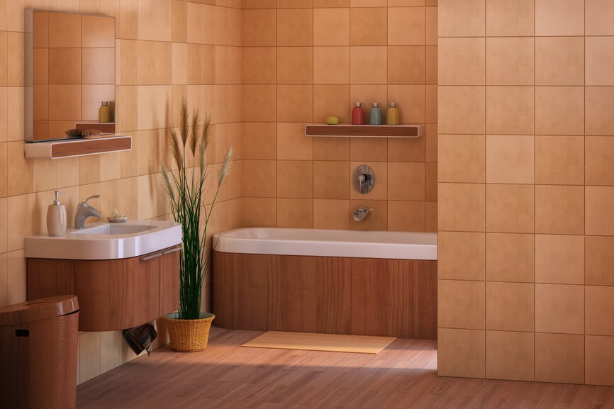现代简约的浴室，米色瓷砖墙，圆形梳妆台和浴缸设计，温暖的自然木材色调与硬木地板和小架子相匹配。