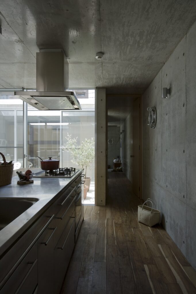 从厨房延伸出的狭窄大厅，连接着住宅两侧的天井空间，我们看到了不断重复的孔。前景的厨房岛设有金属台面和极简主义的橱柜设计。