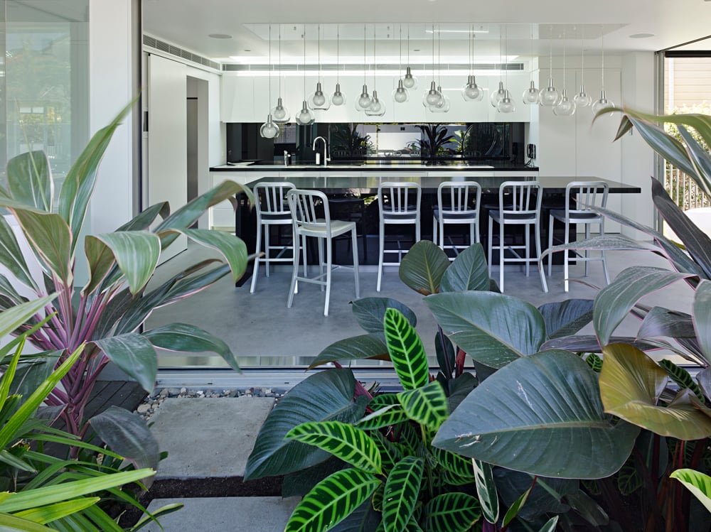 透过开放式的玻璃厨房墙，我们可以看到花园露台上的绿色植物，我们可以看到球形玻璃照明在宽敞的黑色岛屿上，这里有用餐空间和一套金属高脚椅。