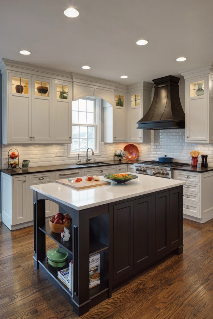 厨房充满对比:白色橱柜和黑色台面搭配黑色木岛和白色台面，在天然硬木地板上。