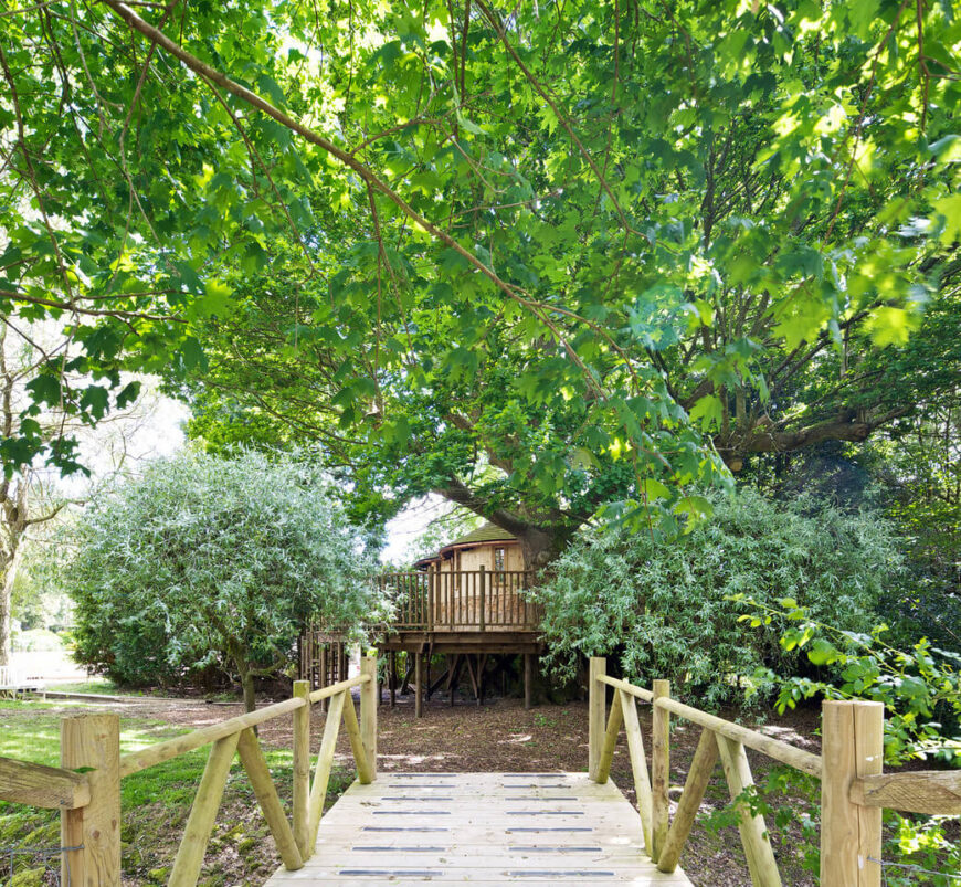 一座小的、质朴的木制人行桥从家里通往树屋。
