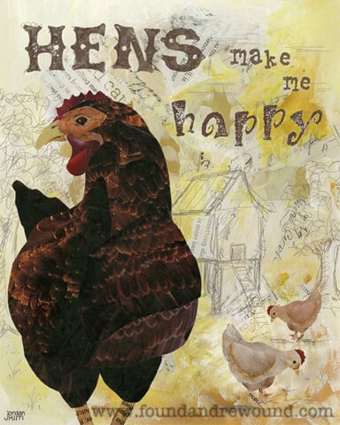 RewOnd＆Rewound的Jordan Kim撰写的混合媒体拼贴展示了独特的鸡文艺术，并带有“母鸡让我快乐”的礼物给任何鸡所有者。