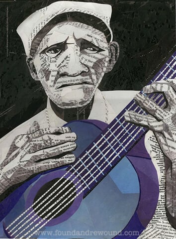 乔丹·金（Jordan Kim）的布鲁斯艺术公司（Jordan Kim）创作的是用切割的马加津纸创作的。这件作品以黑白蓝调音乐家持有蓝色吉他。