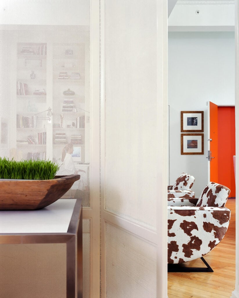 通过白色的多孔隔墙，我们可以看到开放式的客厅和通高的书架，奶牛印花椅子和右边的亮橙色入口。