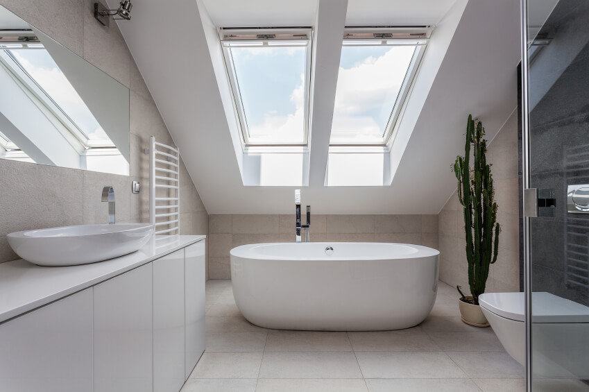 一间白色浴室，配有时髦的现代化设备，深浴缸上方有两扇天窗。一个大仙人掌为这个中性的房间增添了一点色彩。