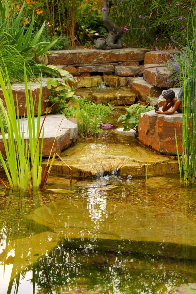一个巨大的水晶般清澈的金色池塘，宽阔的瀑布两侧生长着大片的芦苇和竹子。其中一块岩石上有一个青铜仙女雕像。