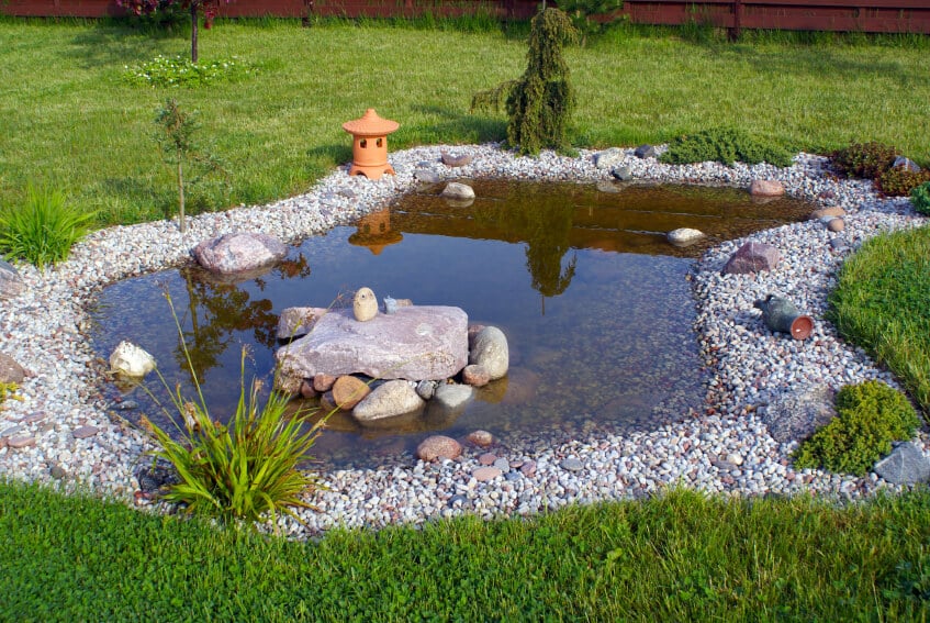 一个浅的花园水池，沿着卵石边缘有一些装饰性的石头和草。一个小的日本赤土灯笼放在边上。