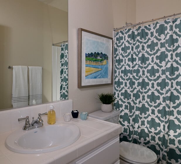 这个浴室在传统的白色调设置旁边，在有图案的浴帘上重新表达了主卧室的蓝色调。