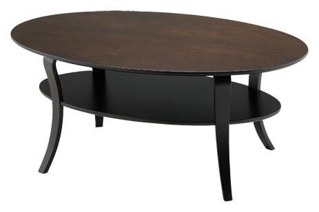 这是一张现代设计的桌子，在弯曲的细腿之间悬挂着一个小的下层。深色染色和锋利的边缘，这张桌子适合许多不同风格的房间。