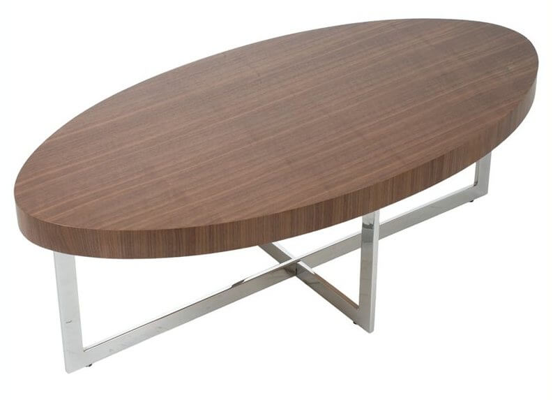 这款超现代的咖啡桌结合了丰富的厚板木桌面和镀铬金属交叉设计的桌腿，形成了强烈的对比。