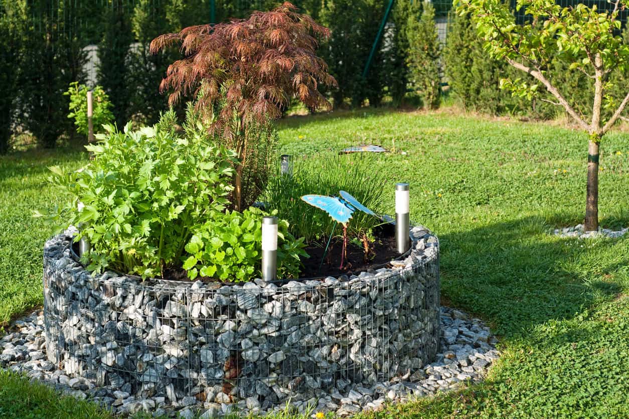 这个花园的特色是一个圆形的石笼花盆，里面种满了绿色植物，晚上太阳能灯照亮了该地区。