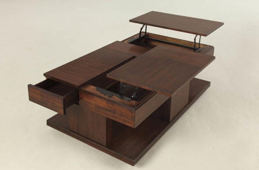 这款时尚的天然木质咖啡桌不仅有一对方便的升降台面，而且还有可拉式抽屉和较低的储物空间。这是一个完全实用的设计，设法折叠成简单而优雅的外观。