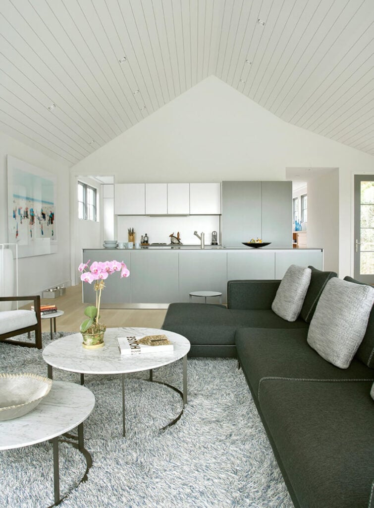 客厅由一个大毛绒地毯组成，浅灰色和蓝色与黑色沙发和白色大理石咖啡桌相得益彰。在这种情况下，粉红色的花朵足以装饰房间的优雅，因为房子的其他部分主要是白色和黑色的配色方案。