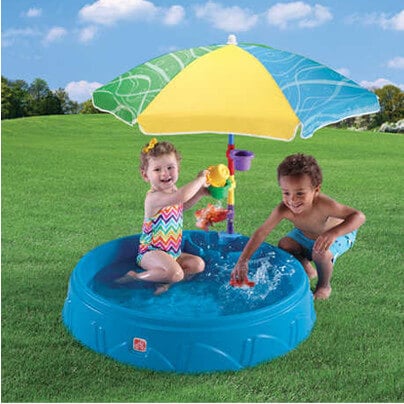 这是一个更复杂的硬塑料儿童泳池。这个带一把伞和一些玩具。这个泳池较厚的设计增加了它的耐用性。这种泳池可能比便宜的塑料泳池多使用几个季节。