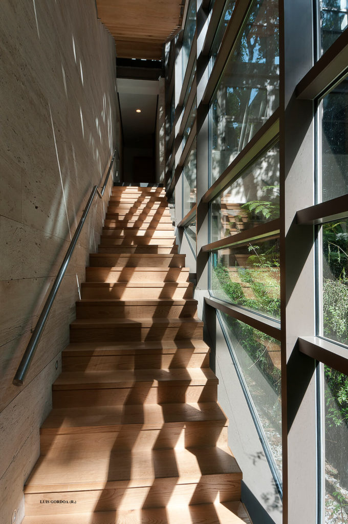 主楼梯沿着外部玻璃面板运行，是一种温暖的天然木材，与住宅结构的冷材料形成鲜明对比。