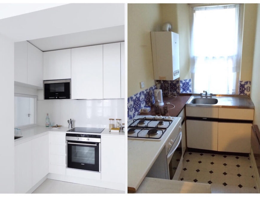 厨房的变化可能是最引人注目的，左边质朴的白色橱柜和时髦的电器取代了右边潮湿、幽闭的空间。
