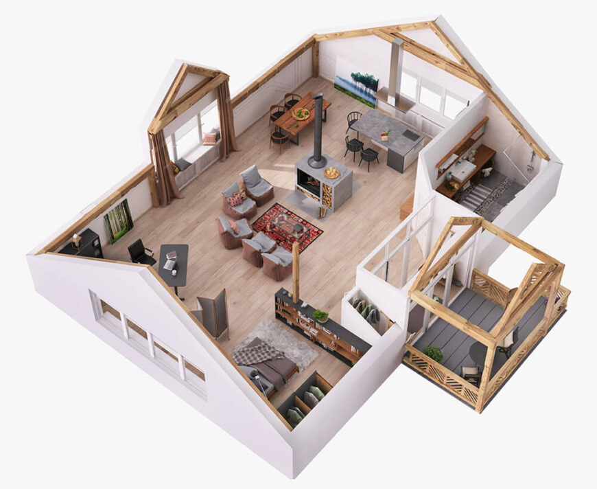 我们以这个室内计算机模型概述开始我们的画廊，展示了开放式平面设计的完整程度。除了浴室，室内没有墙。