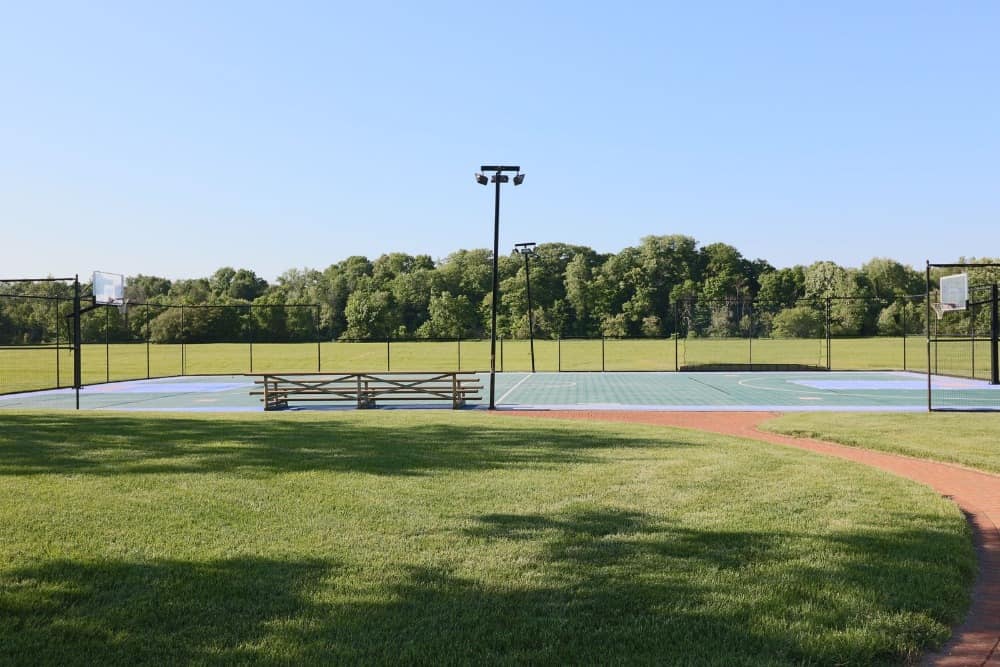这是一个可爱的篮球场，兼作网球场。它被带有专业户外照明的高围栏和带走道的宽阔草坪包围着。图片来自Toptenrealestatedeals.com。