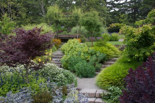 植物花园是惊人的内衬走道和搭配楼梯。沿着小径的一个茂盛的植物花园是一个很好的方法，可以防止人们离开人行道进入禁区。