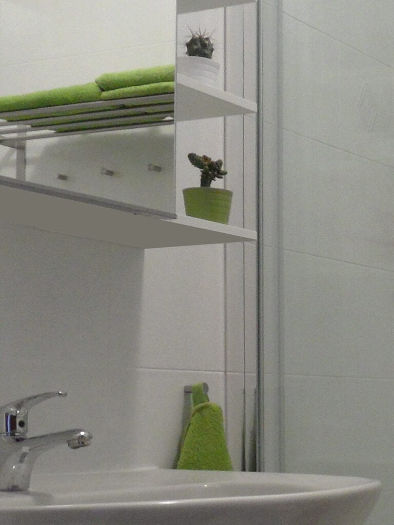 盆栽植物和毛巾都是绿色的，保持了整个房间的一致性。这里的装置也是最新的和简单的。 