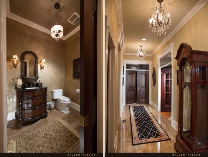 下面是主走廊(右边)和散布在整个平面图上的众多浴室中的一间。装饰木材和照明设计使这些空间充满细节。