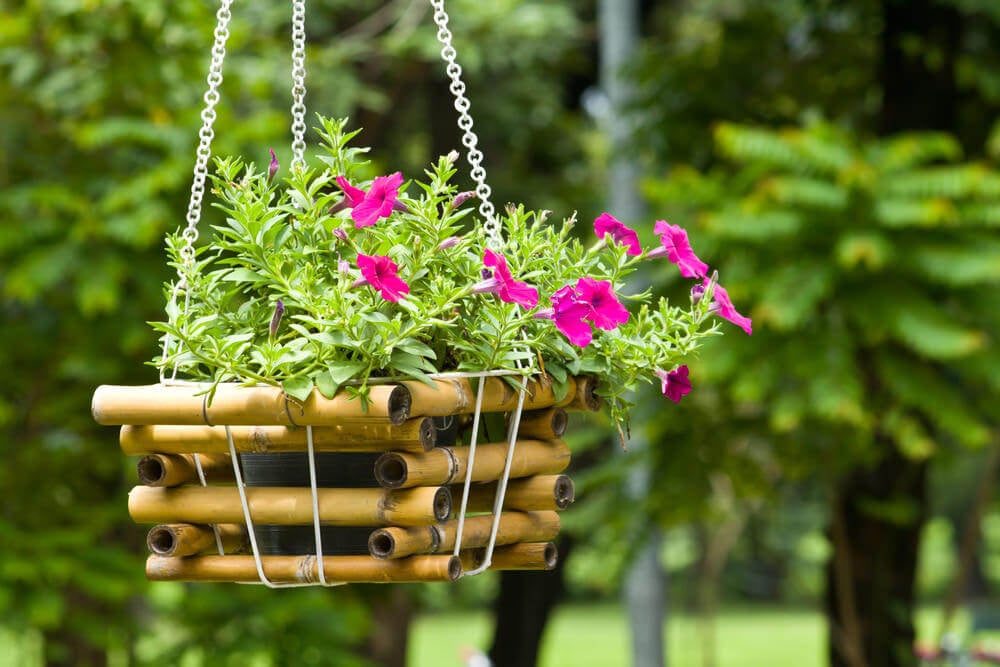 这个吊篮是用来装花盆的小竹篮的一个例子。