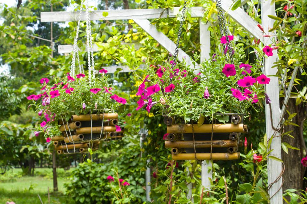 两个悬挂的大花篮，花盆装在自制的大竹制容器中，花盆悬挂在白色木柱上。