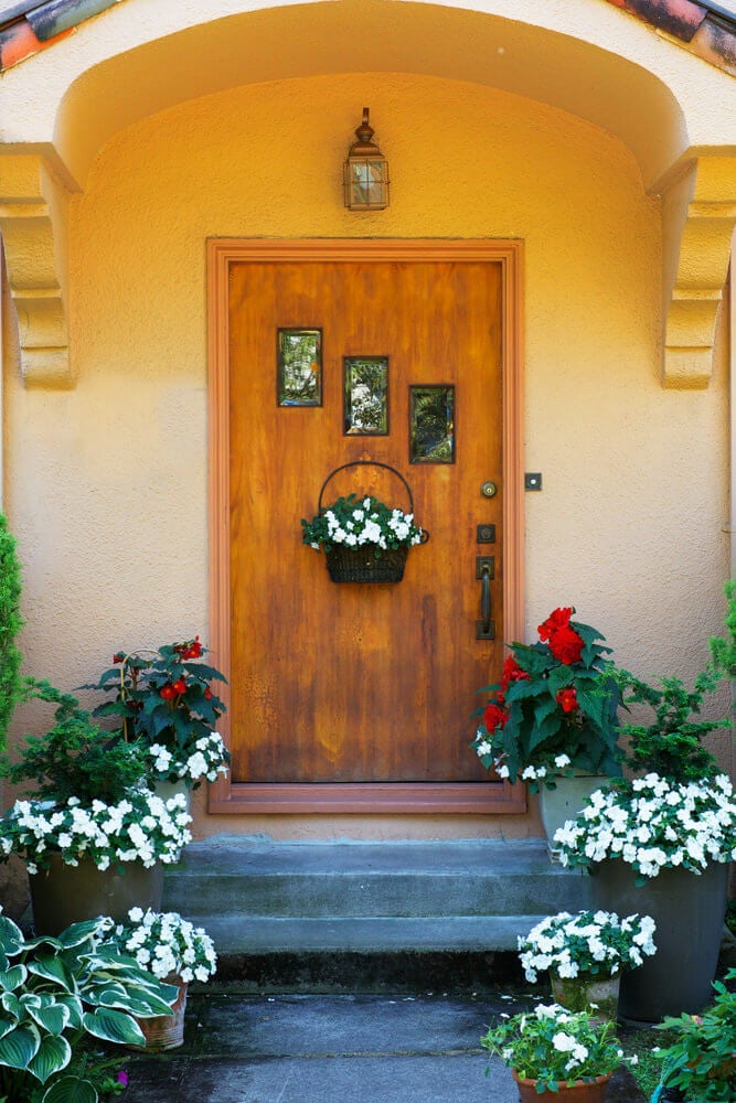 一只挂在篮子里的白色矮牵牛花和盆栽一起被红色蓬松的花朵照亮了前门。