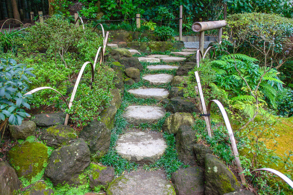 深色的长满苔藓的巨石与竹条和竹笋一起作为分隔物，将蕨类植物和灌木与由石板组成的花园台阶分开。