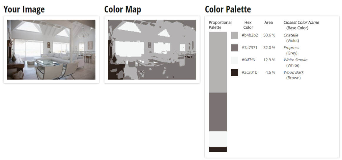 调色板静音灰色，紫罗兰色，白色和棕色客厅配色方案