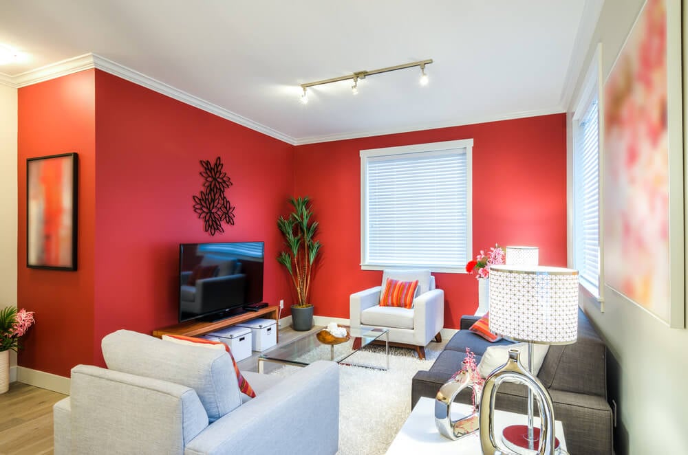 小的起居空间，红色的墙壁和舒适的座椅设置在白色地毯上。