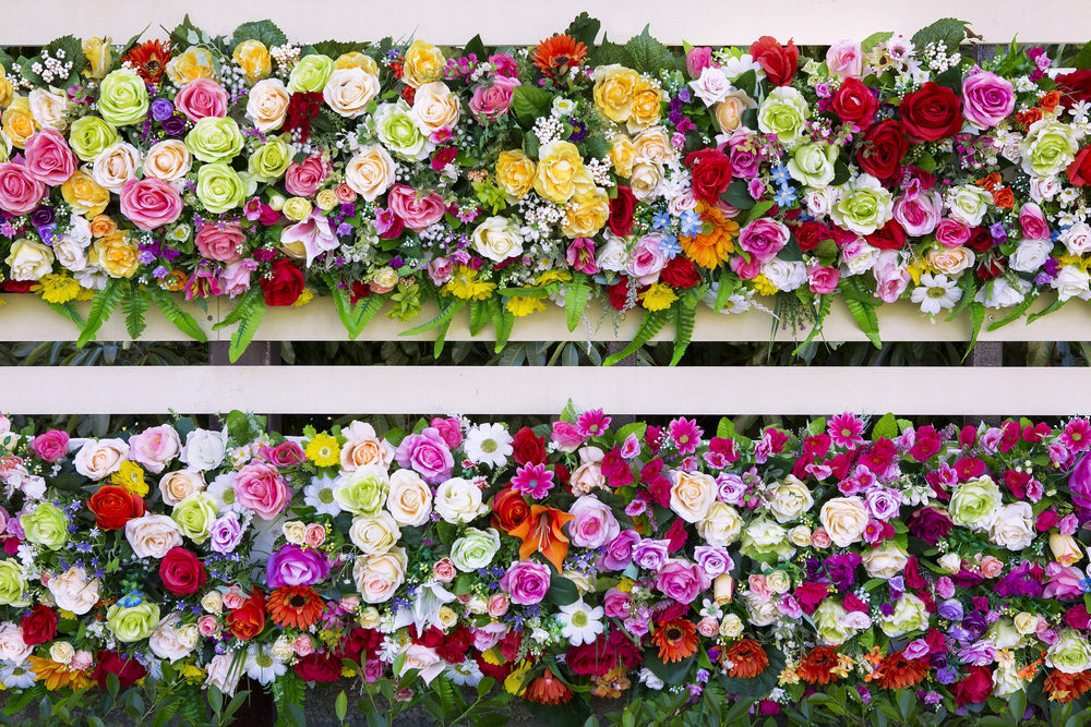 粉红色，白色，红色，黄色和绿色的玫瑰以及其他彩色的雏菊花的色彩泛滥安排。