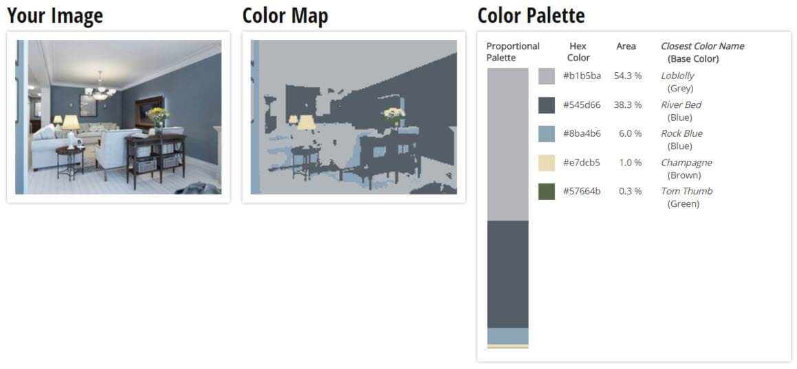 调色板为蓝色，灰色和浅棕色客厅配色方案