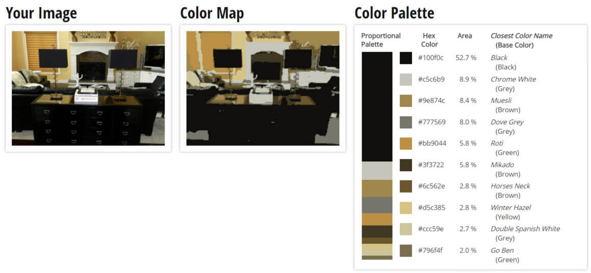 调色板为黑色，棕色和黄色客厅配色方案