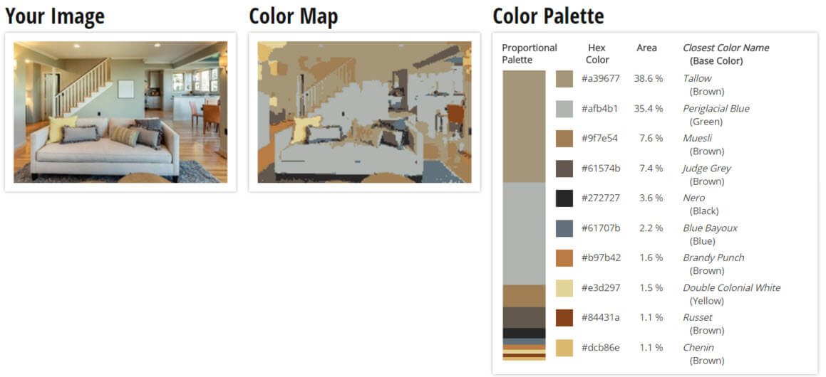 调色板为绿色，棕色和灰色客厅配色方案