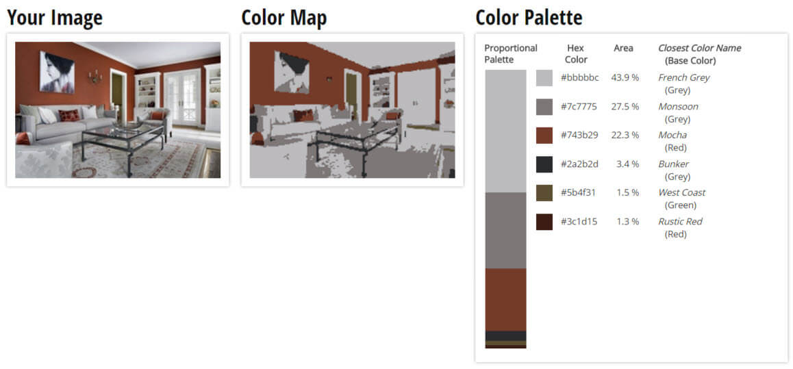 调色板为质朴的红色和灰色客厅配色方案