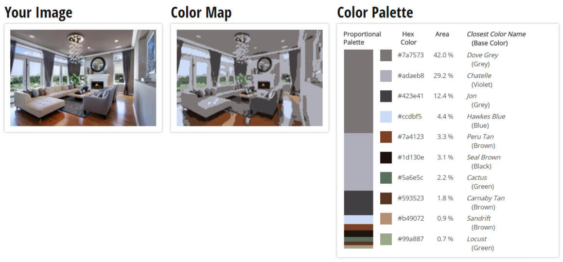 调色板为灰色和紫色客厅配色方案