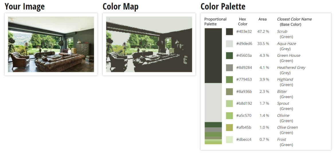 调色板为灰色和绿色客厅配色方案