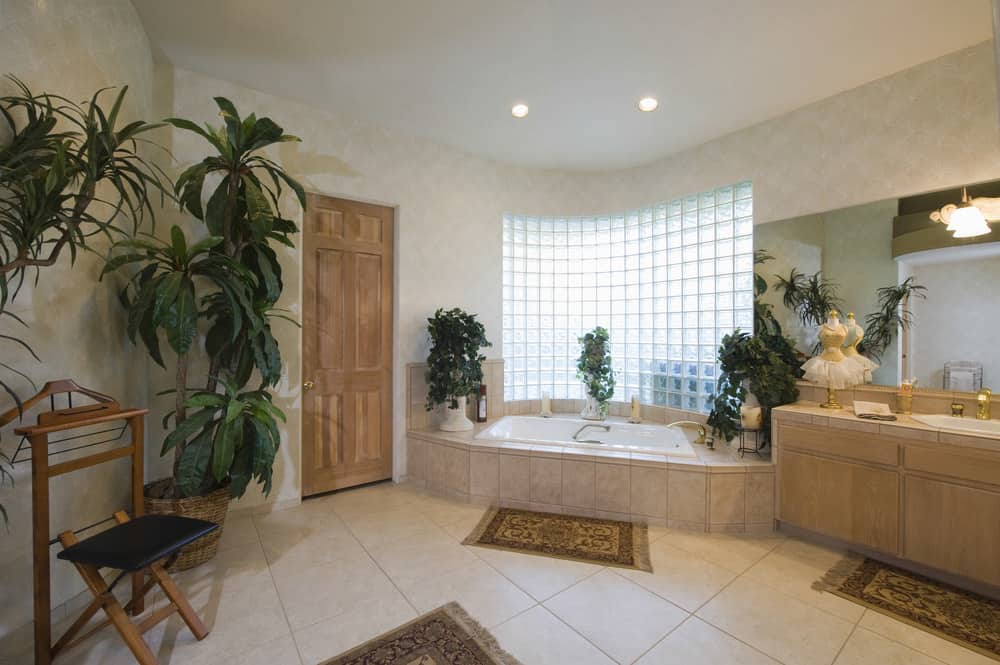 这间主浴室设有瓷砖地板和瓷砖浴缸平台。室内有多种植物，使房间始终保持清新。