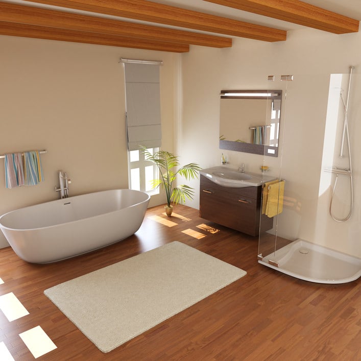 主浴室设有一个独立浴缸和一个开放式淋浴间，以及一个被白色墙壁包围的单一水槽。